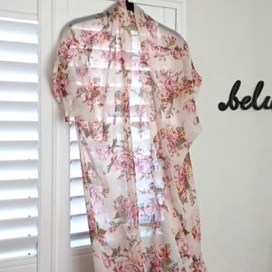CHERRY ON TOP SHEER CREAM WITH PINK ROSES NIGHT GOWN COVER-UP SZ M